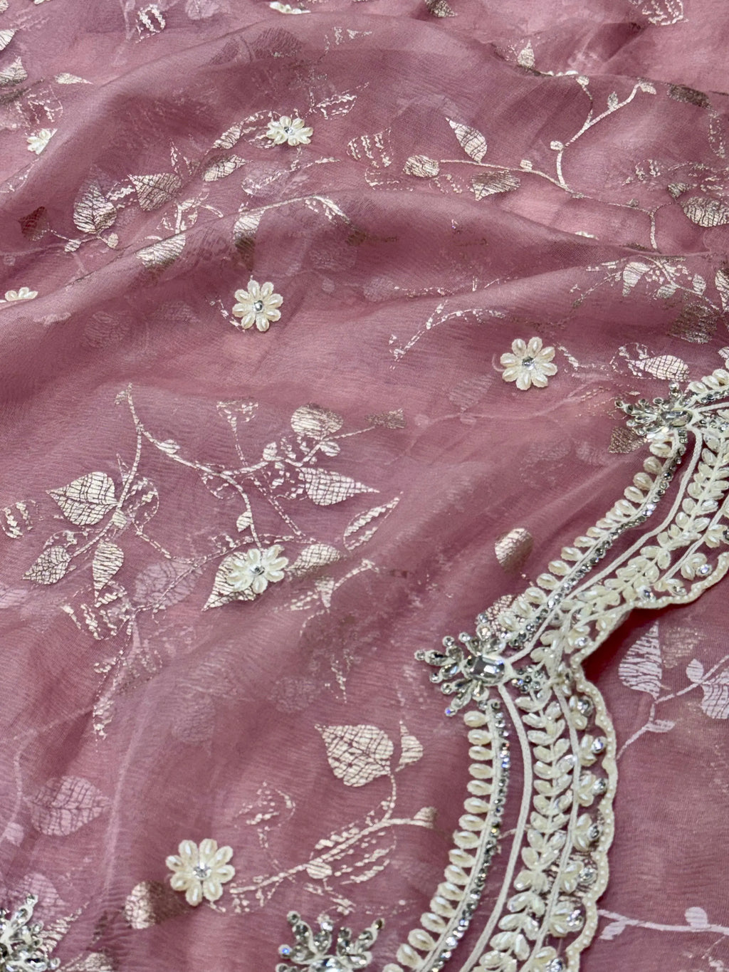 Dusty Rose Organza Foil Print Saree with Pearl Work Suruchi Sarees