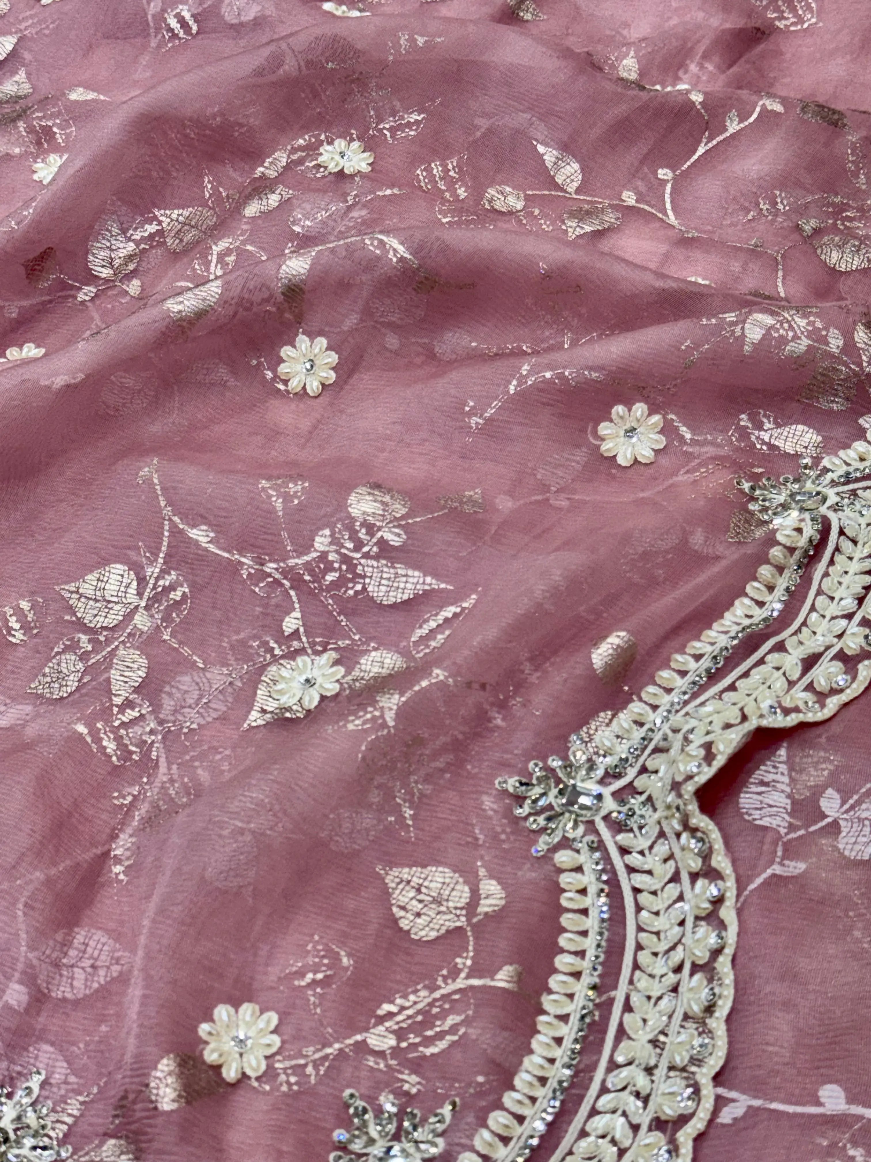 Dusty Rose Organza Foil Print Saree with Pearl Work Suruchi Sarees