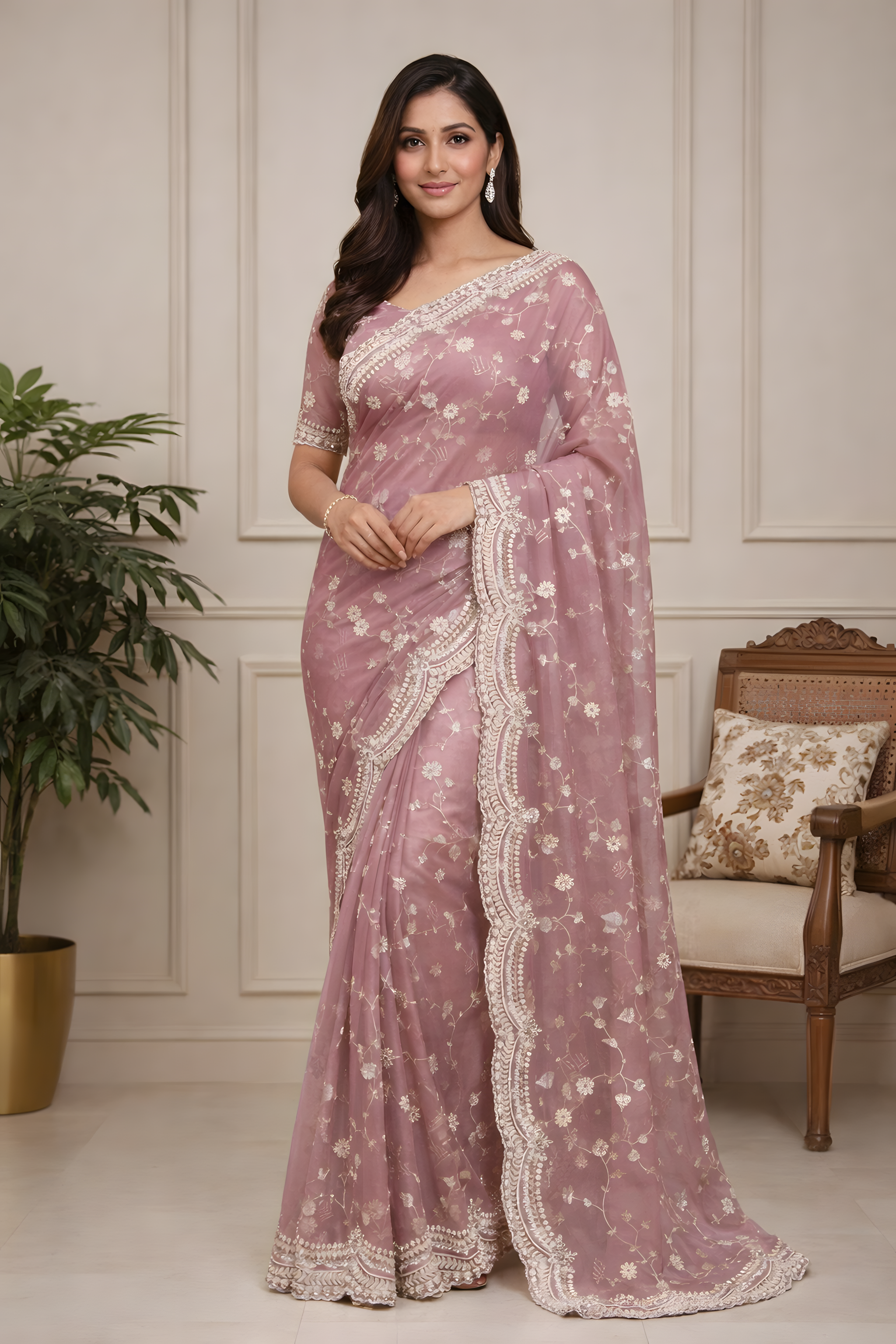Dusty Rose Organza Foil Print Saree with Pearl Work Suruchi Sarees