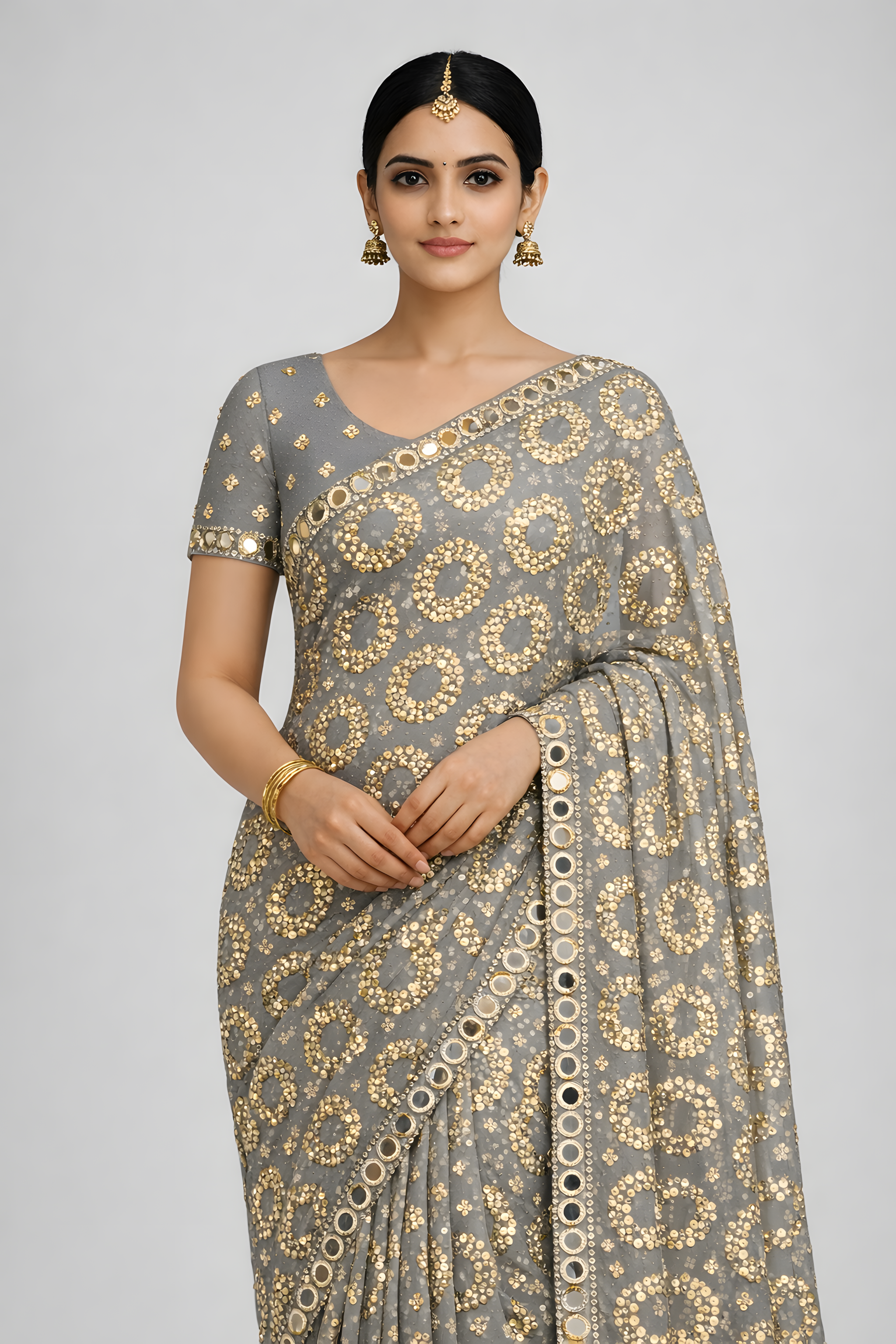 Silver Grey Designer Sequin Saree with Mirror Border Suruchi Sarees