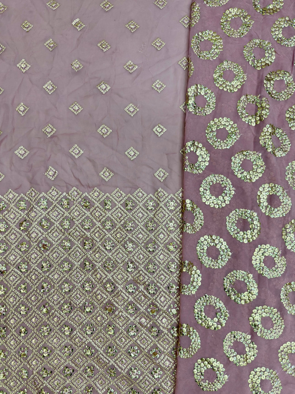 Four different patterns of fabric on a purple background