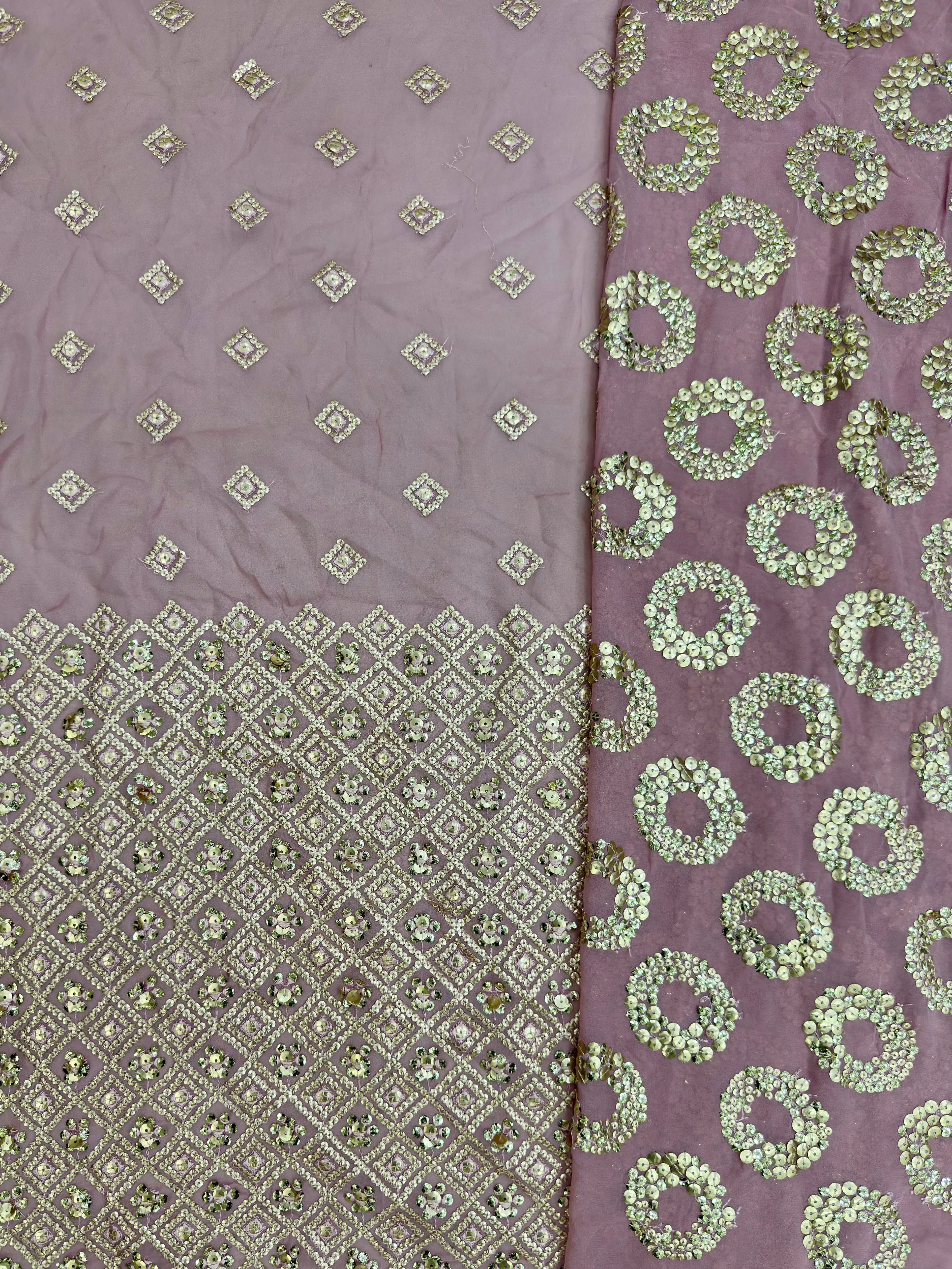 Four different patterns of fabric on a purple background
