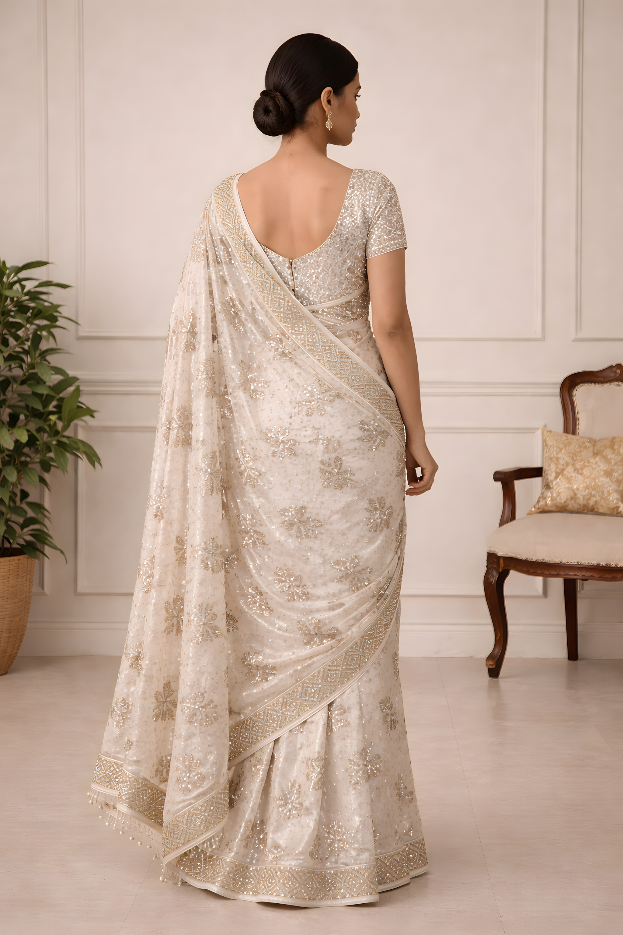 Champagne Ivory Sequin Saree with Gold Border Suruchi Sarees