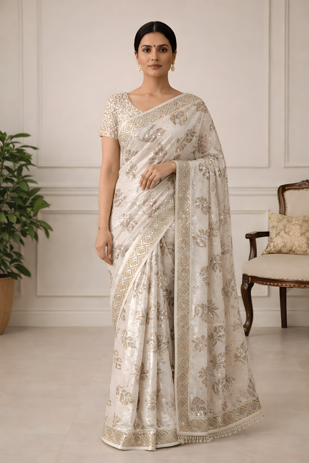 Champagne Ivory Sequin Saree with Gold Border Suruchi Sarees