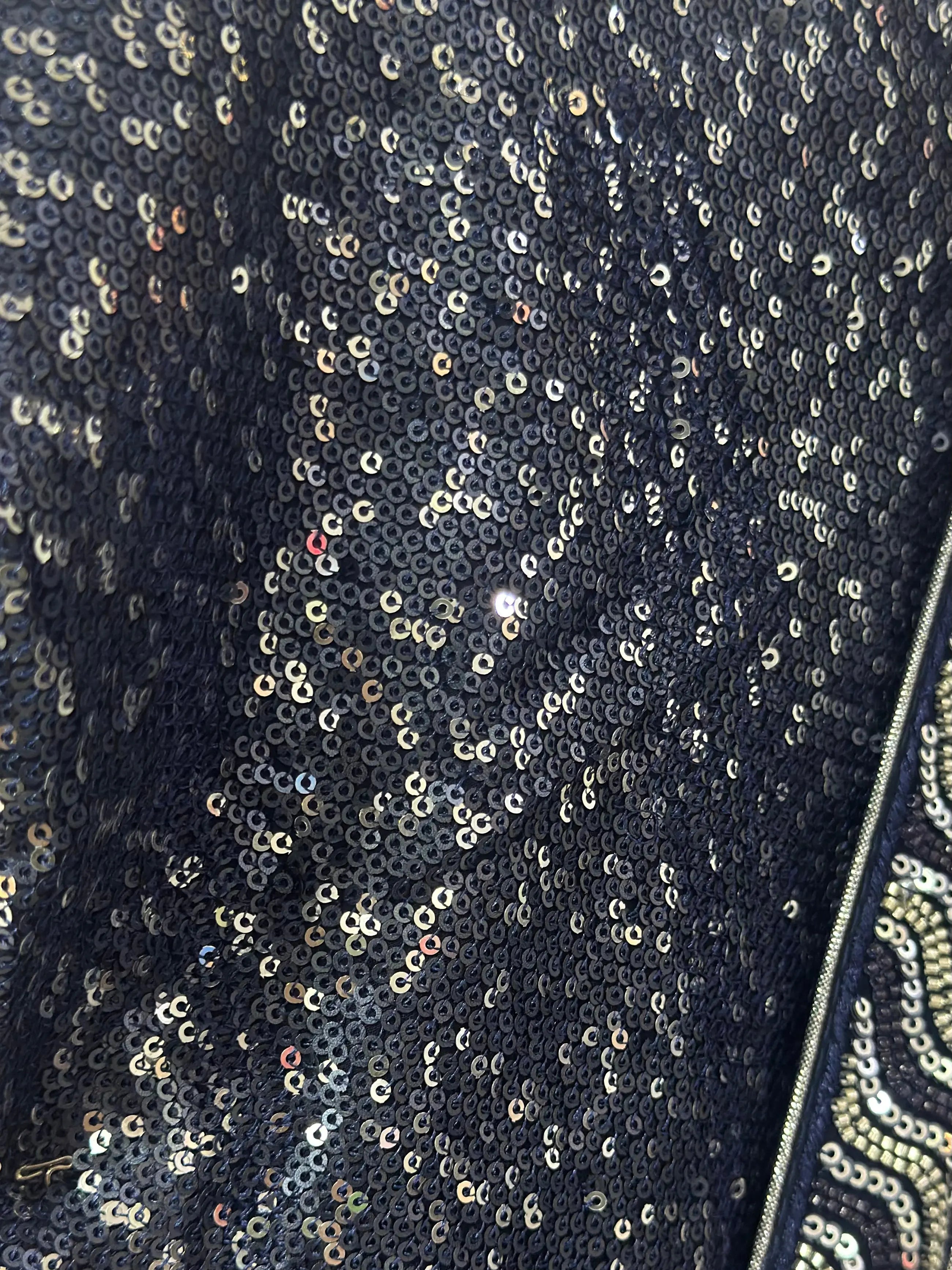Close-up of a sequined fabric with a dark background