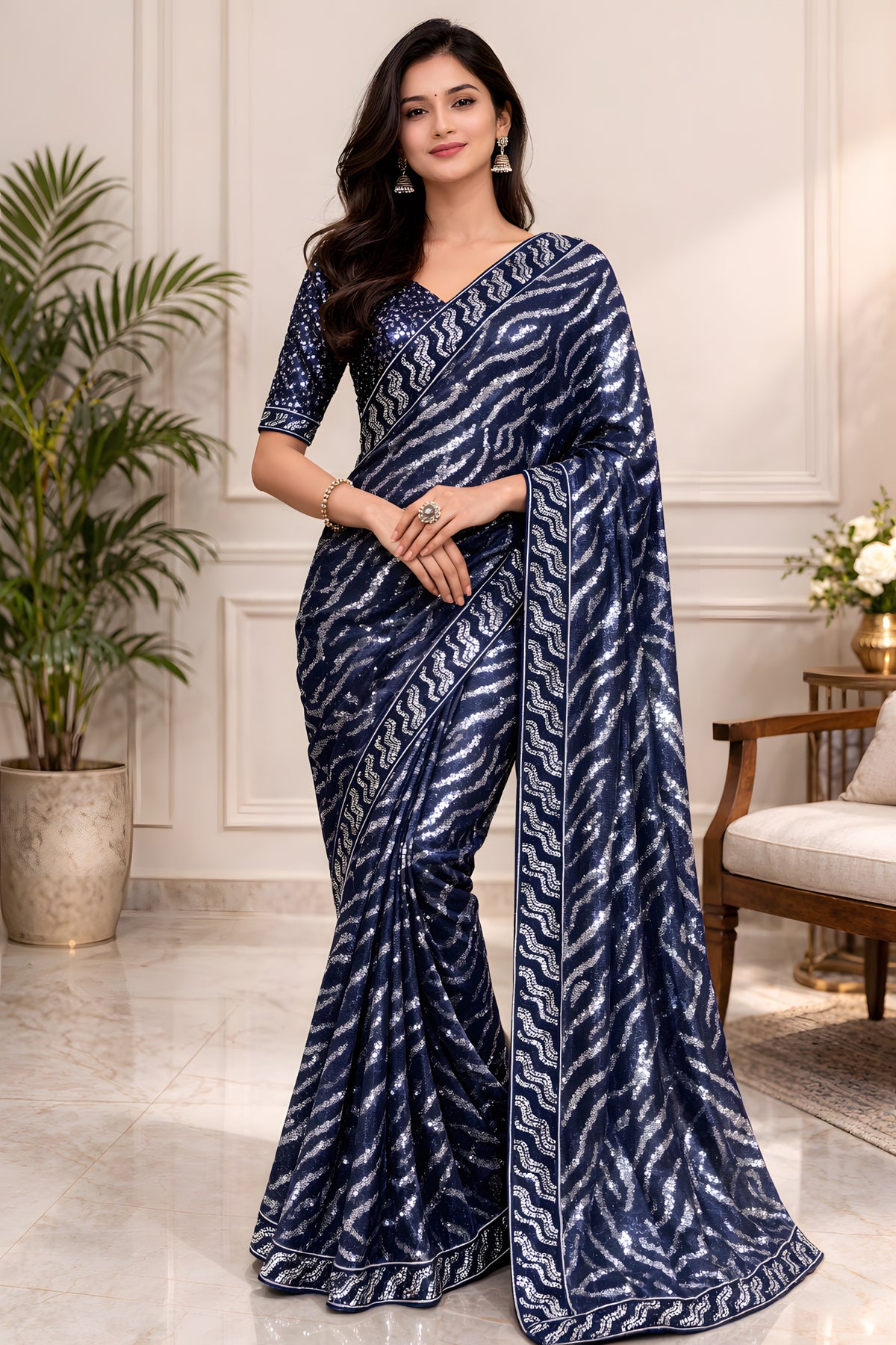 Woman wearing a blue patterned saree in an elegant indoor setting