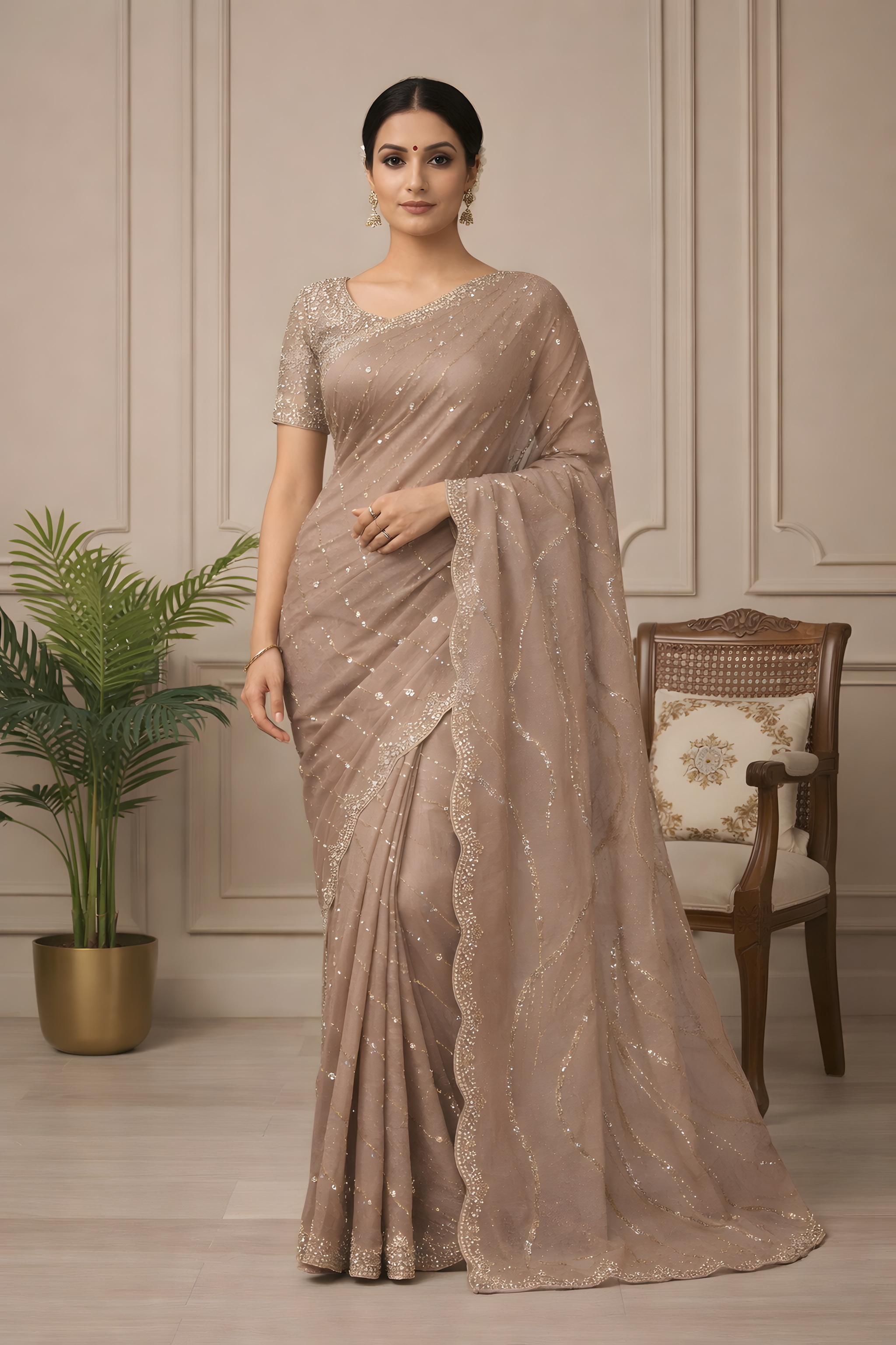 Taupe Designer Saree with Crystal Border and Stone work Suruchi Sarees