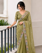 Pista Green Tissue Saree with Handworked Multicolour Border Suruchi Sarees
