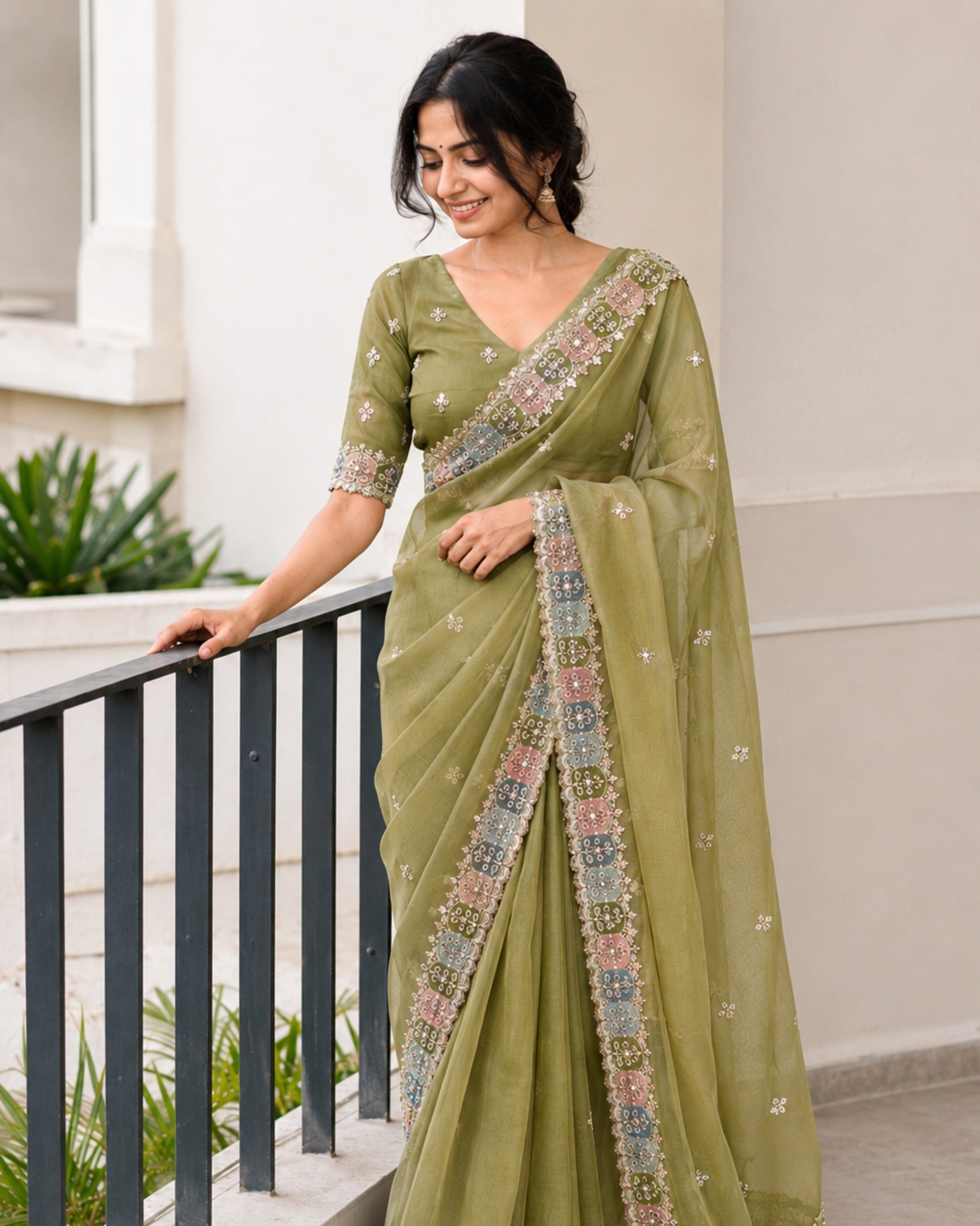 Pista Green Tissue Saree with Handworked Multicolour Border Suruchi Sarees