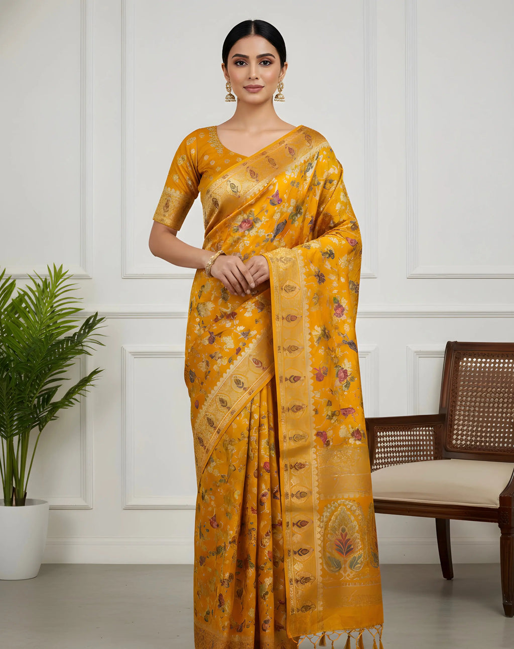 Woman wearing a yellow saree with a floral pattern in a room with a plant and chair.