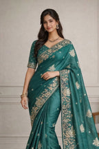 Peacock green viscose Saree with Embroidered Peacock Border Suruchi Sarees