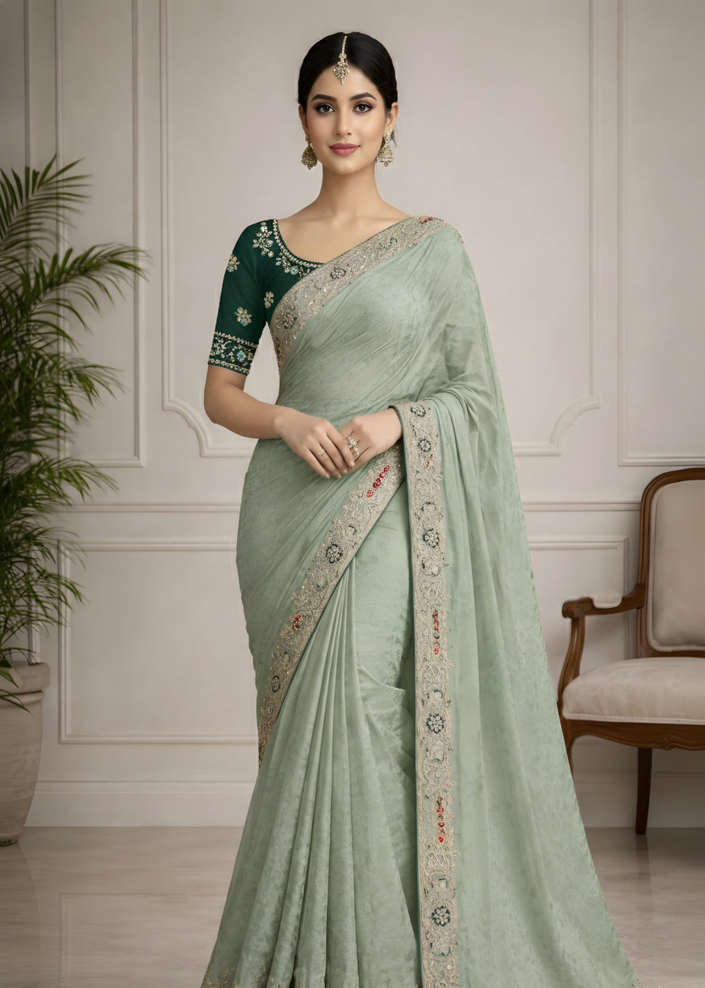 Woman wearing a light green saree with a white wall and chair in the background