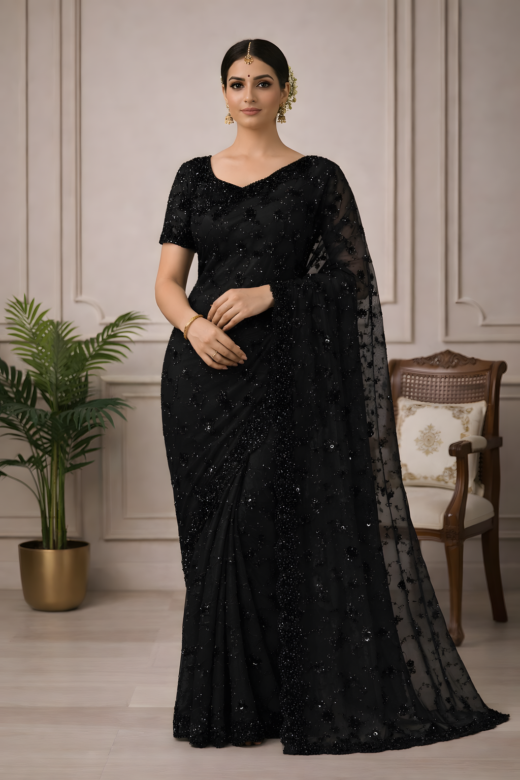 Classic Black Net Sequin Saree Suruchi Sarees