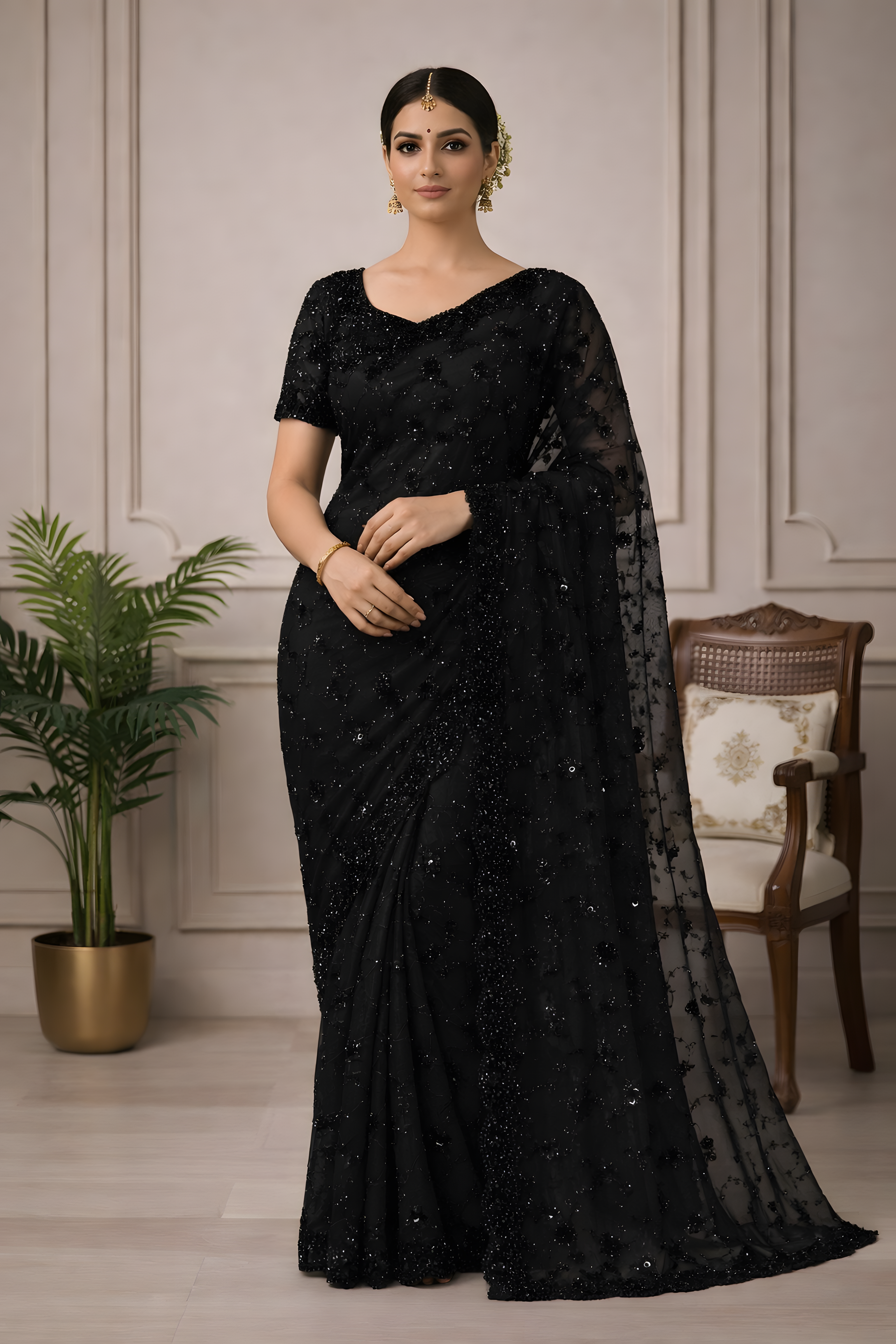 Classic Black Net Sequin Saree Suruchi Sarees