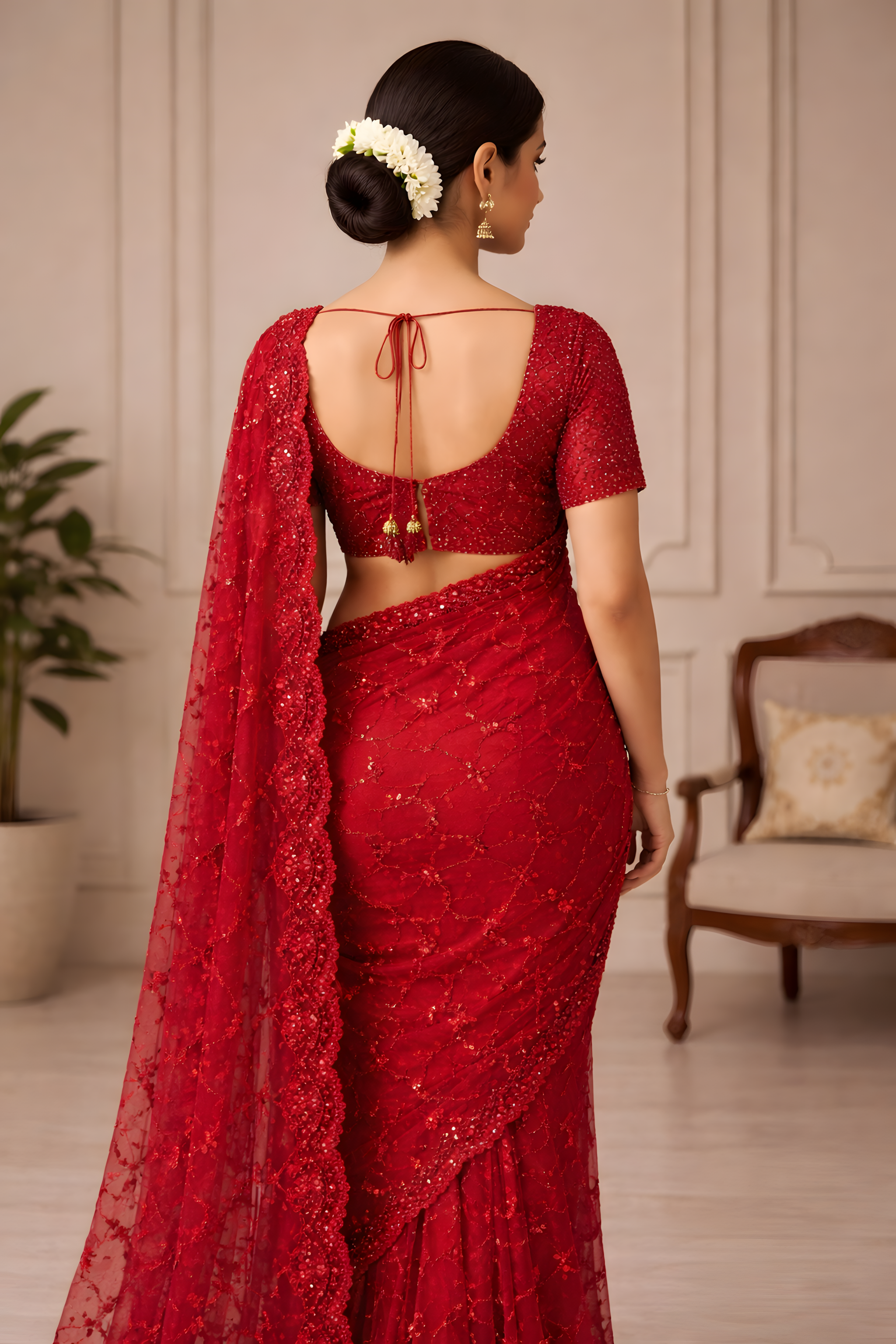 Crimson Red Net Sequin Saree Suruchi Sarees