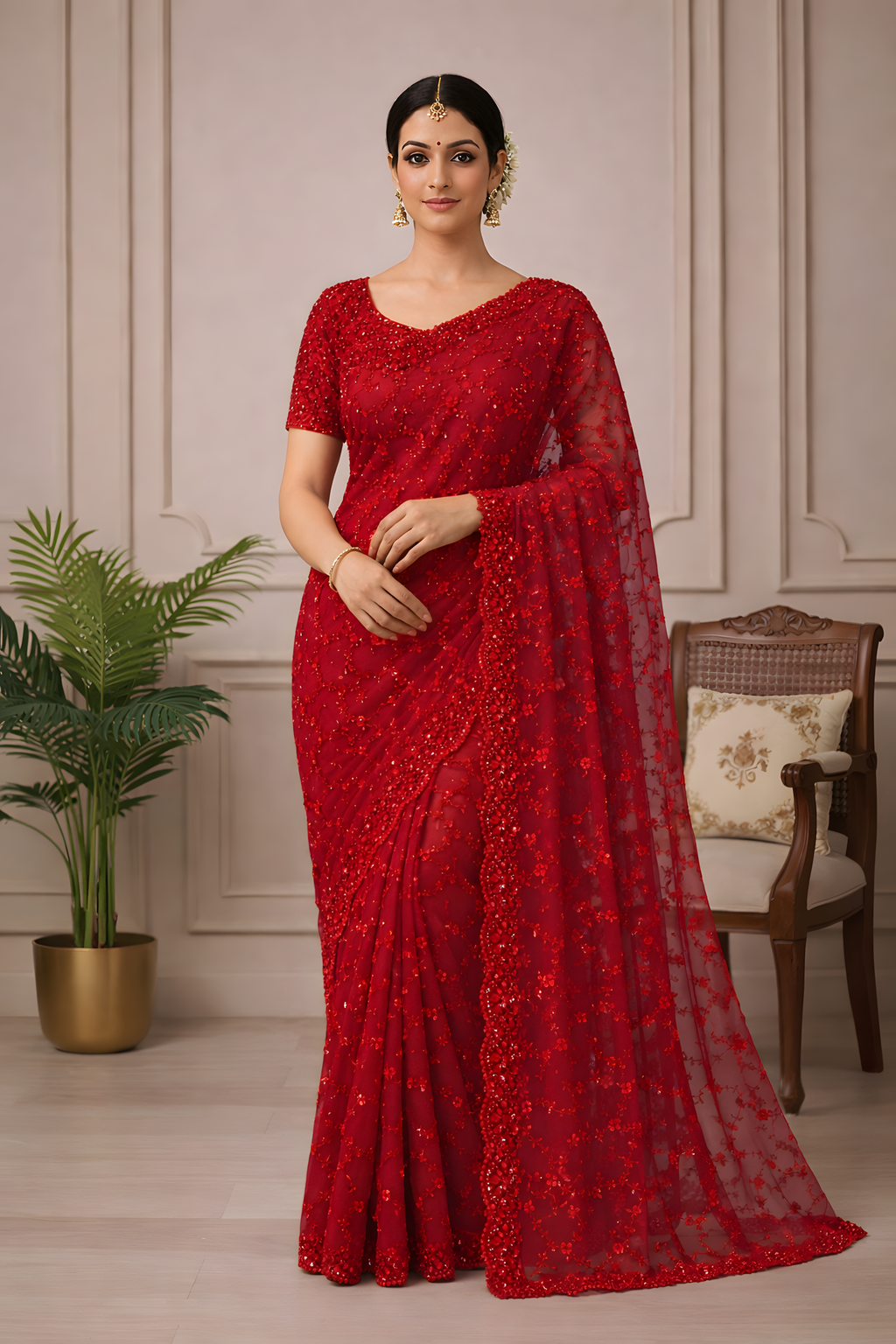 Crimson Red Net Sequin Saree Suruchi Sarees