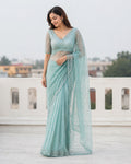 Pastel Teal Net Saree with All Over Sequin Cutdana Work Suruchi Sarees