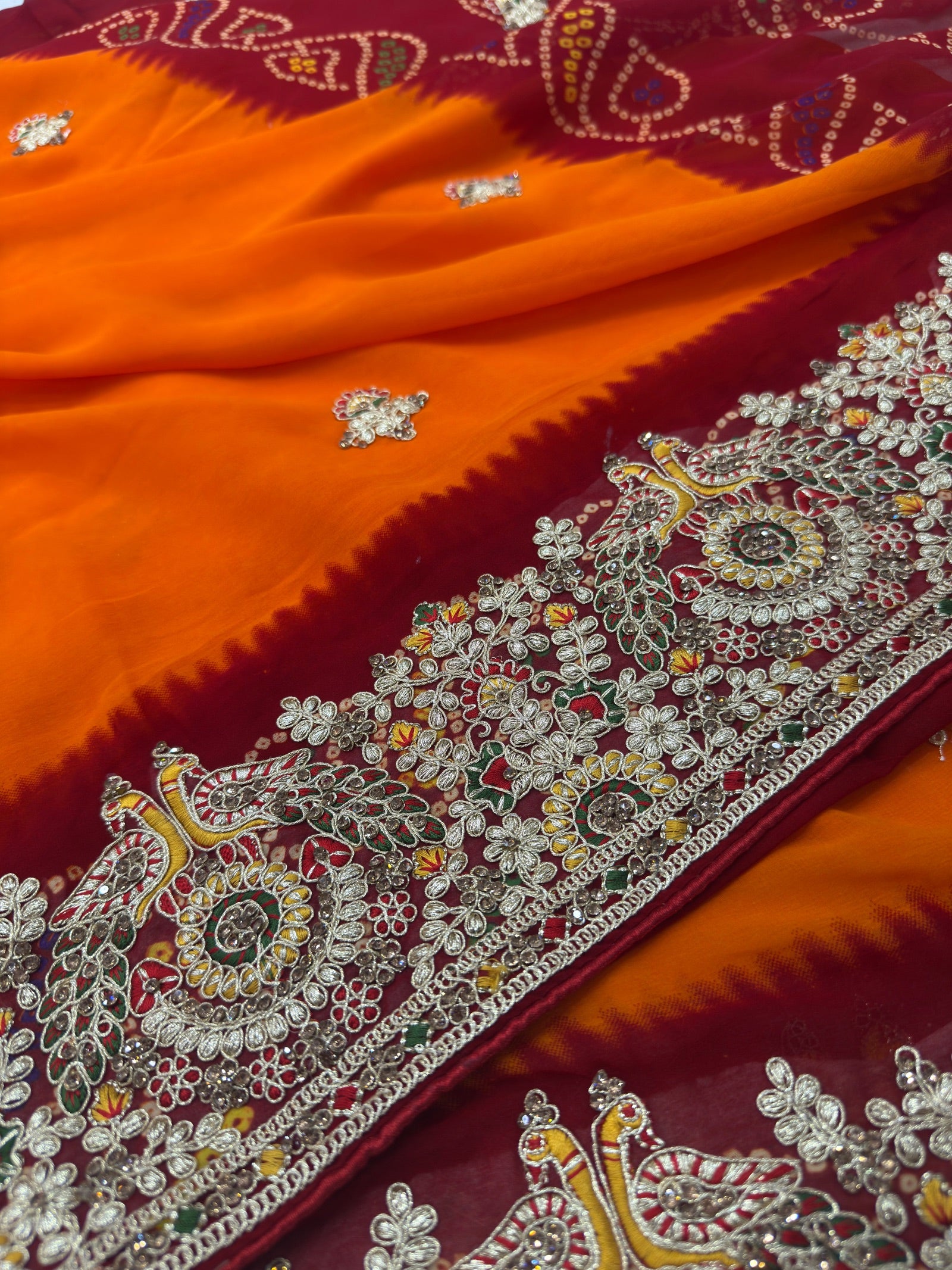 Orange Bandhani Georgette Saree with Heavy Zari Embroidered Border suruchi sarees