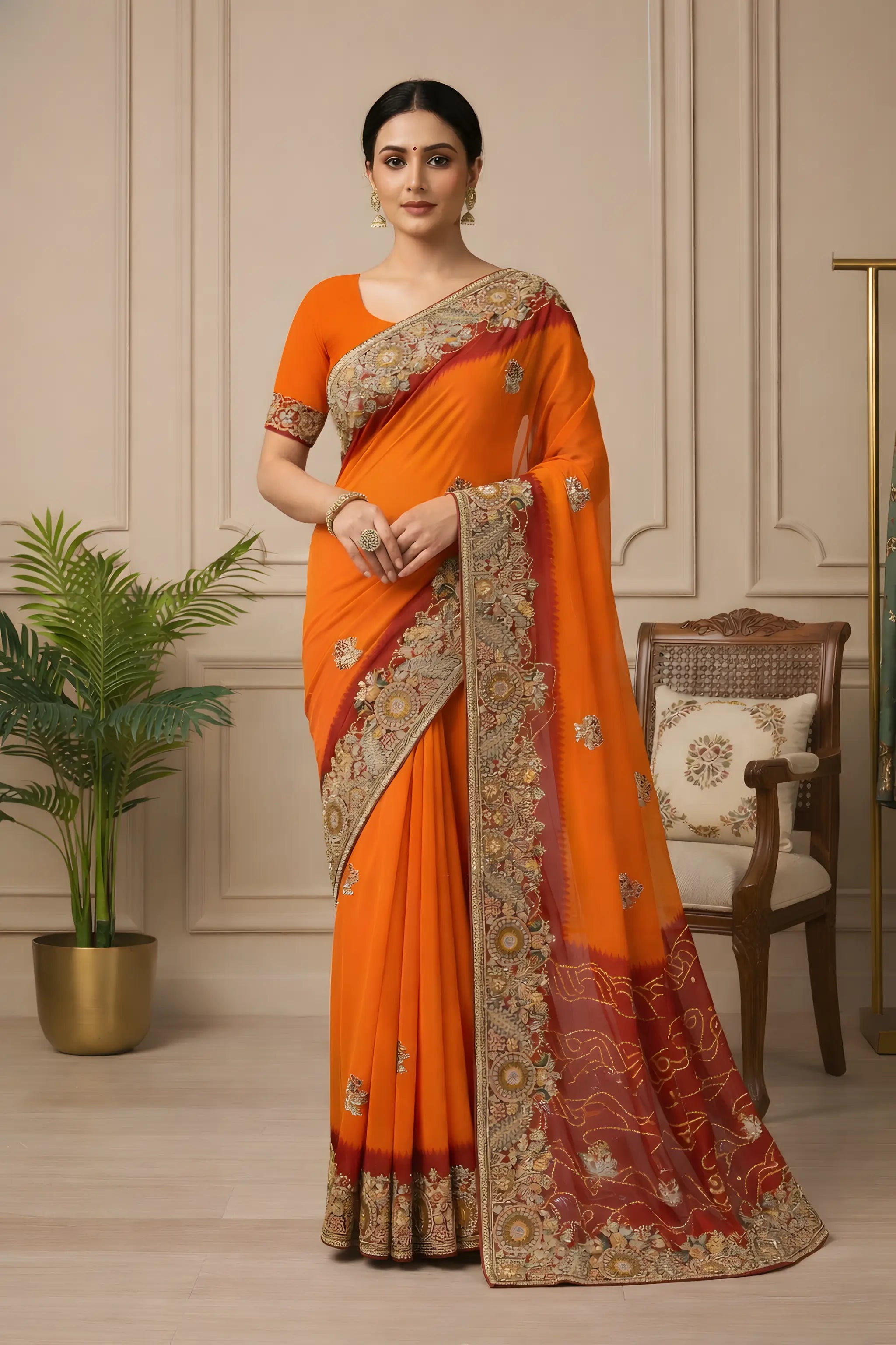 Woman wearing an orange saree with intricate patterns in a room with a plant and chair.
