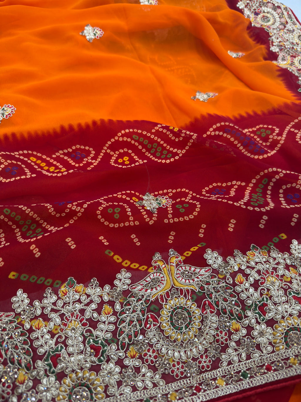 Orange Bandhani Georgette Saree with Heavy Zari Embroidered Border suruchi sarees