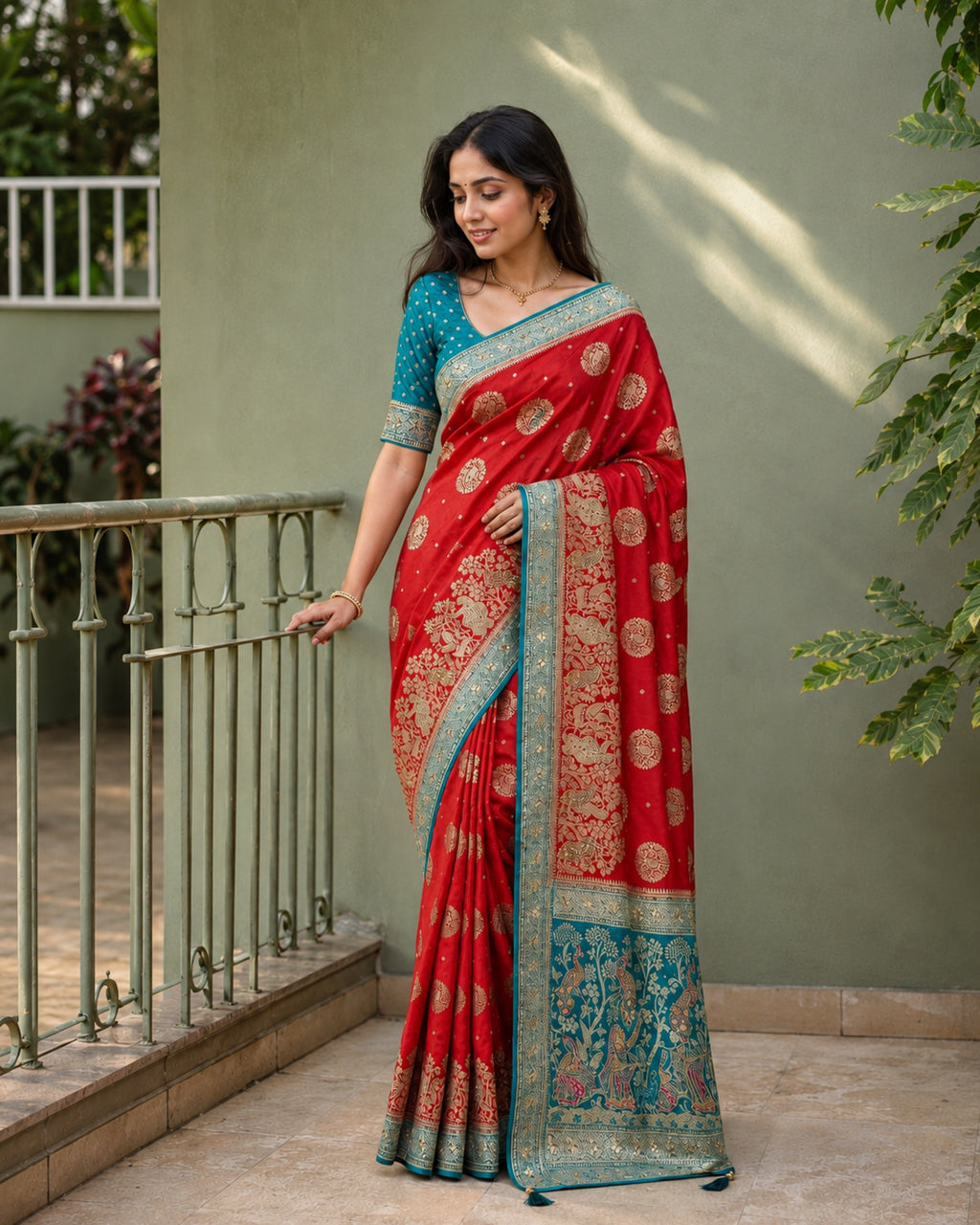 Wine Saturn Silk Saree with Teal Blue Contrast Pictorial pallu Suruchi Sarees