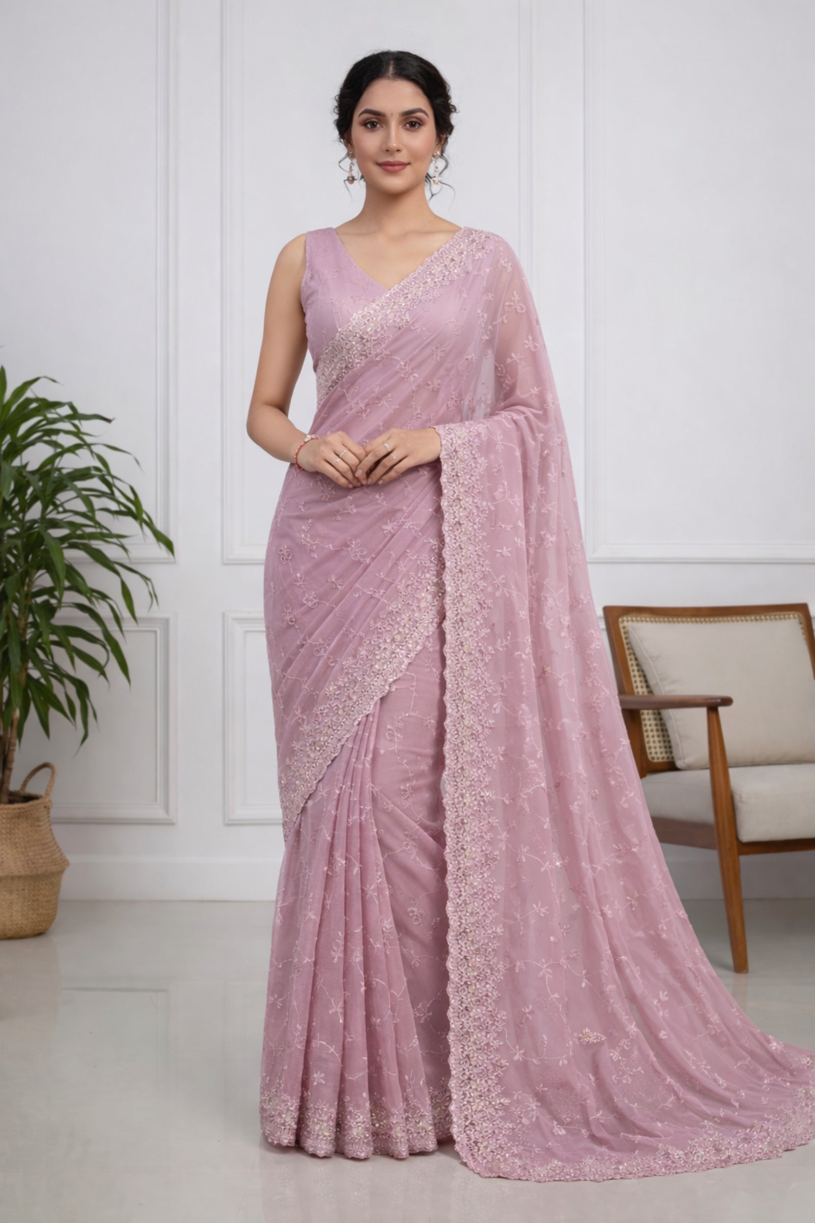 Blush Pink Jimmy Choo Saree with Swarovski Zari Border Suruchi Sarees