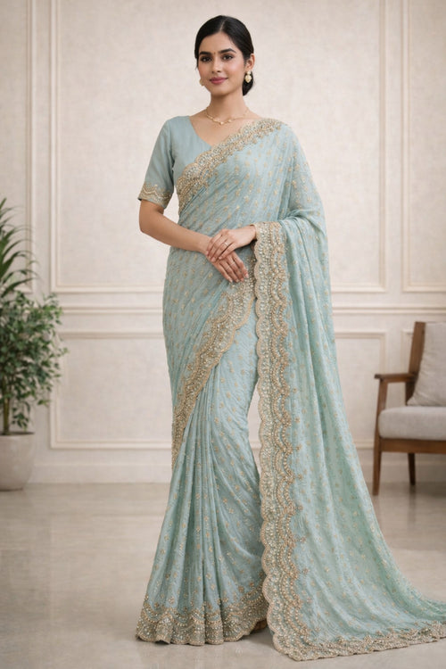 Dusty Teal Georgette Saree with Stonework Border Suruchi Sarees