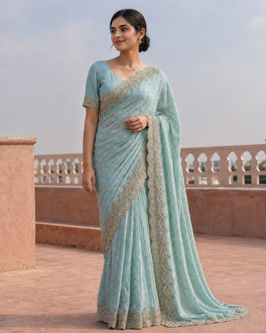 Blue Dusty Aqua Georgette Saree with Sequins & Jarkan Border Suruchi Sarees