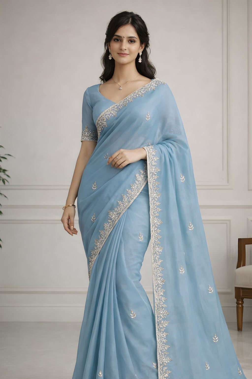 Sky Blue Fendi Saree with Jarkan handwork Suruchi Sarees