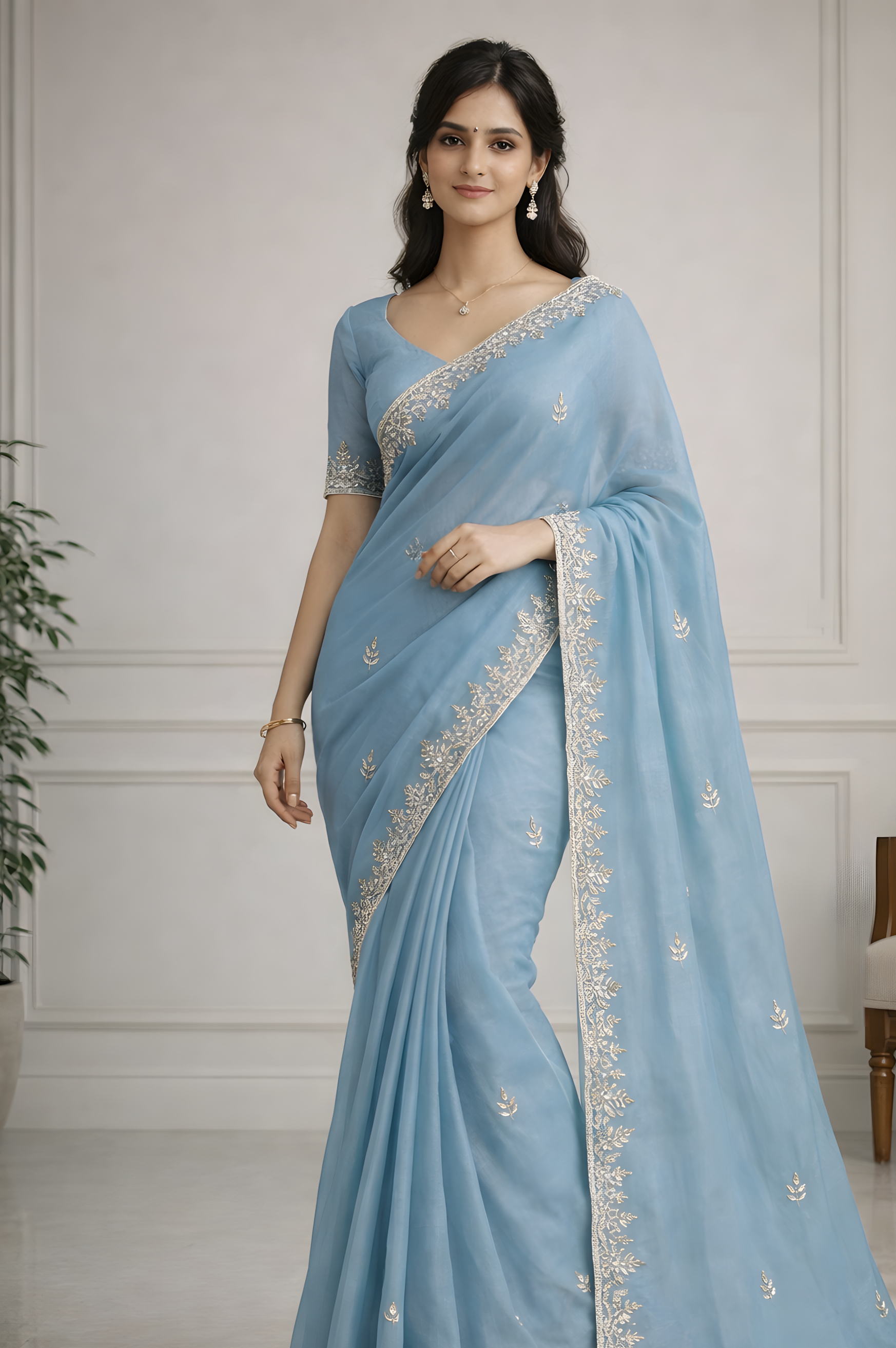 Woman wearing a light blue saree with silver embroidery in an indoor setting.