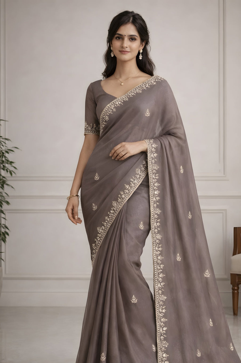 Taupe Brown Fendi Saree with Jarkan Handwork Suruchi Sarees
