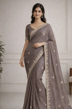 Taupe Brown Fendi Saree with Jarkan Handwork Suruchi Sarees