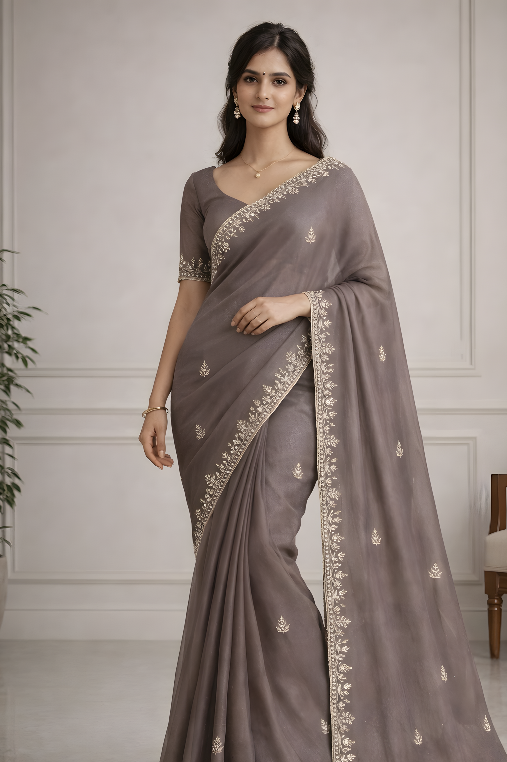 Woman wearing a gray saree with intricate designs in a room with a plant and chair.