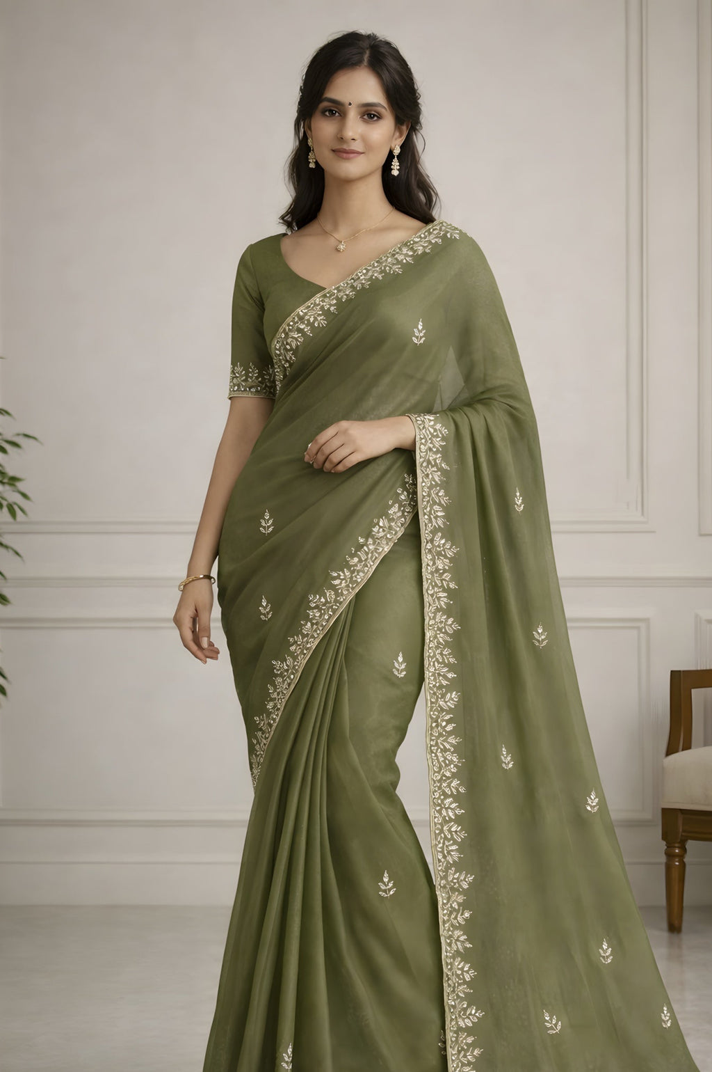 Olive Green Fendi Saree with Jarkan Handwork Suruchi Sarees