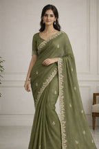 Olive Green Fendi Saree with Jarkan Handwork Suruchi Sarees