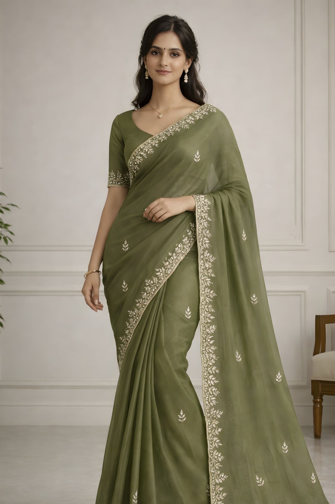 Olive Green Fendi Saree with Jarkan Handwork Suruchi Sarees