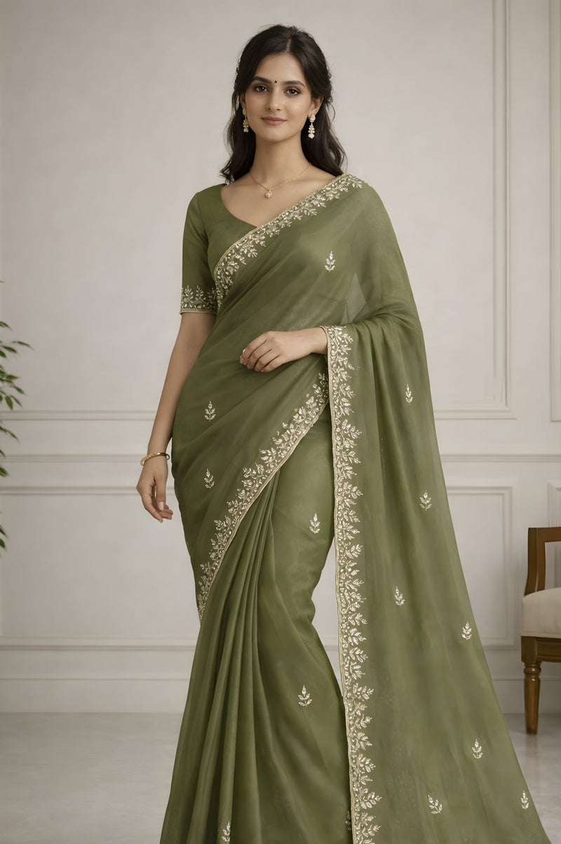 Olive Green Fendi Saree with Jarkan Handwork Suruchi Sarees