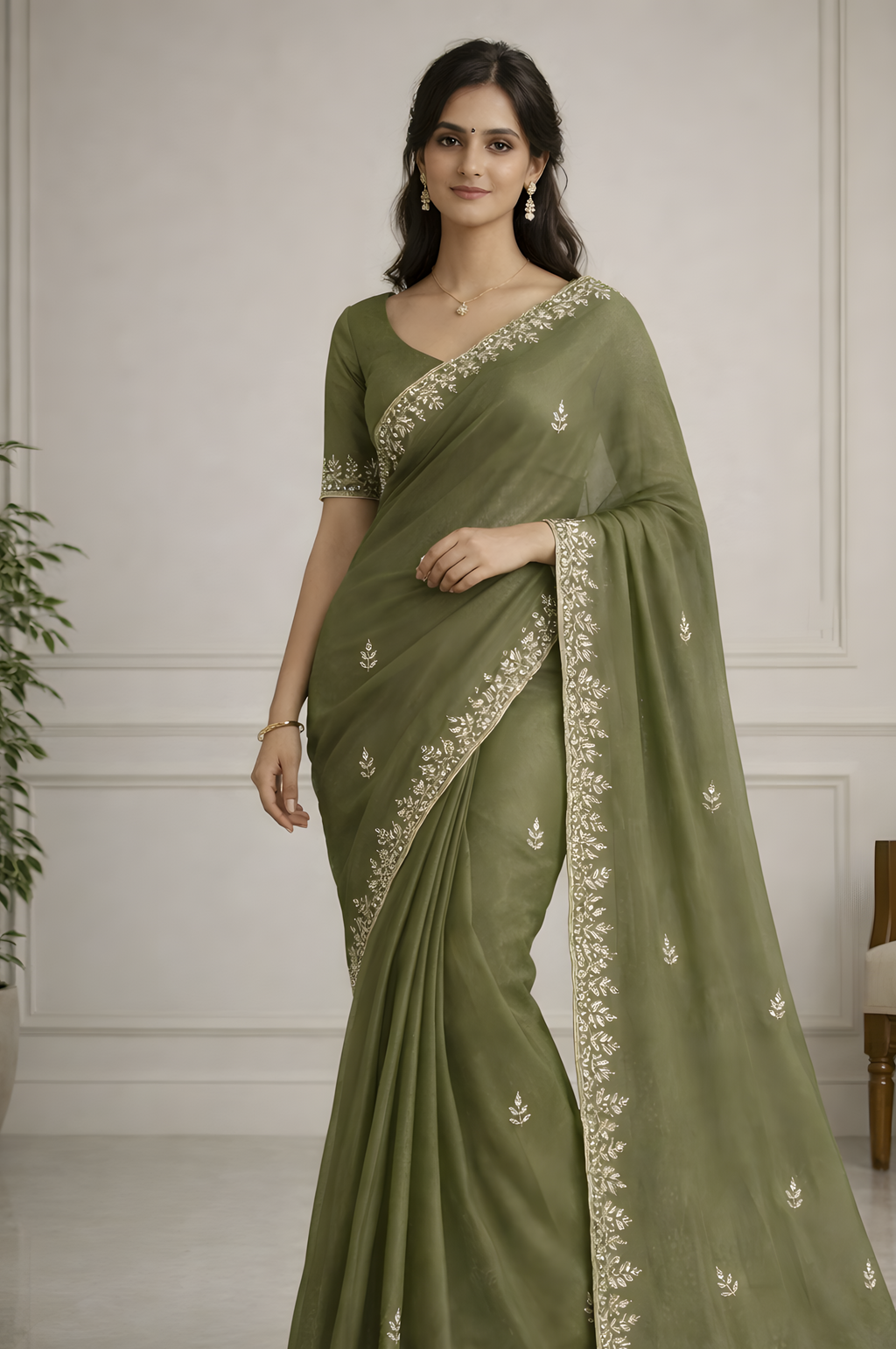 Woman wearing a green saree with white embroidery in an indoor setting.