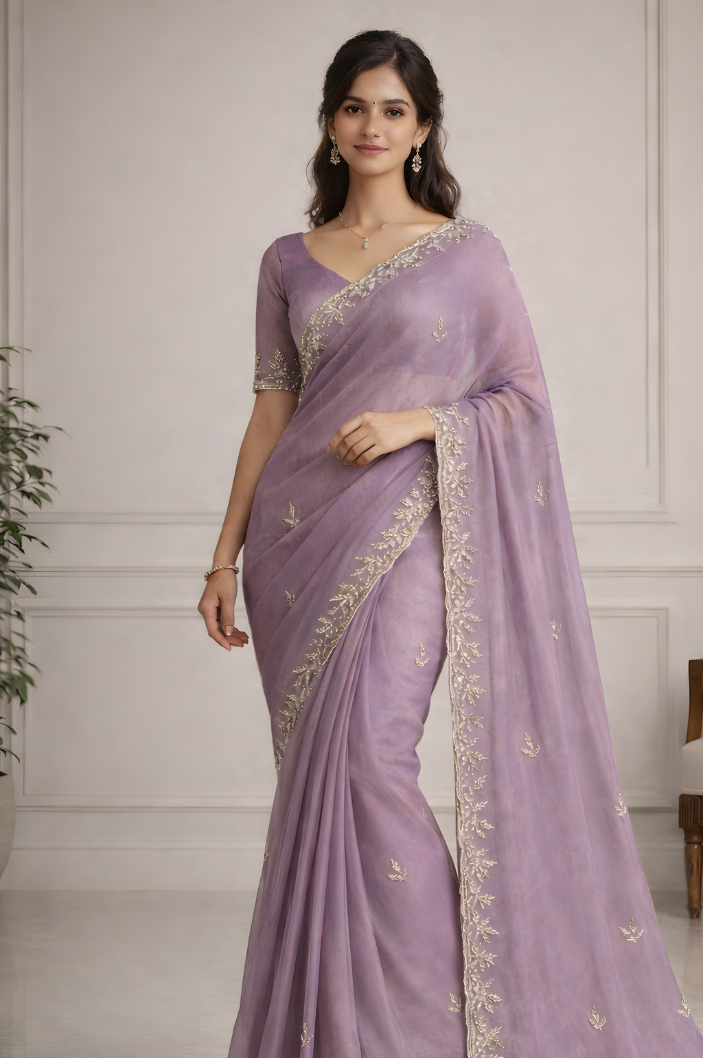 Woman wearing a lavender saree with gold embroidery in an indoor setting.