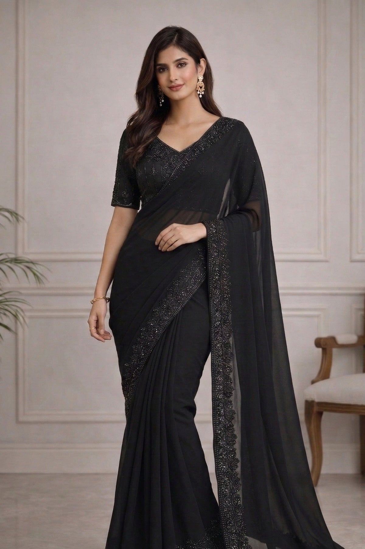 Black Georgette Saree with Hand Beaded Border Suruchi Sarees