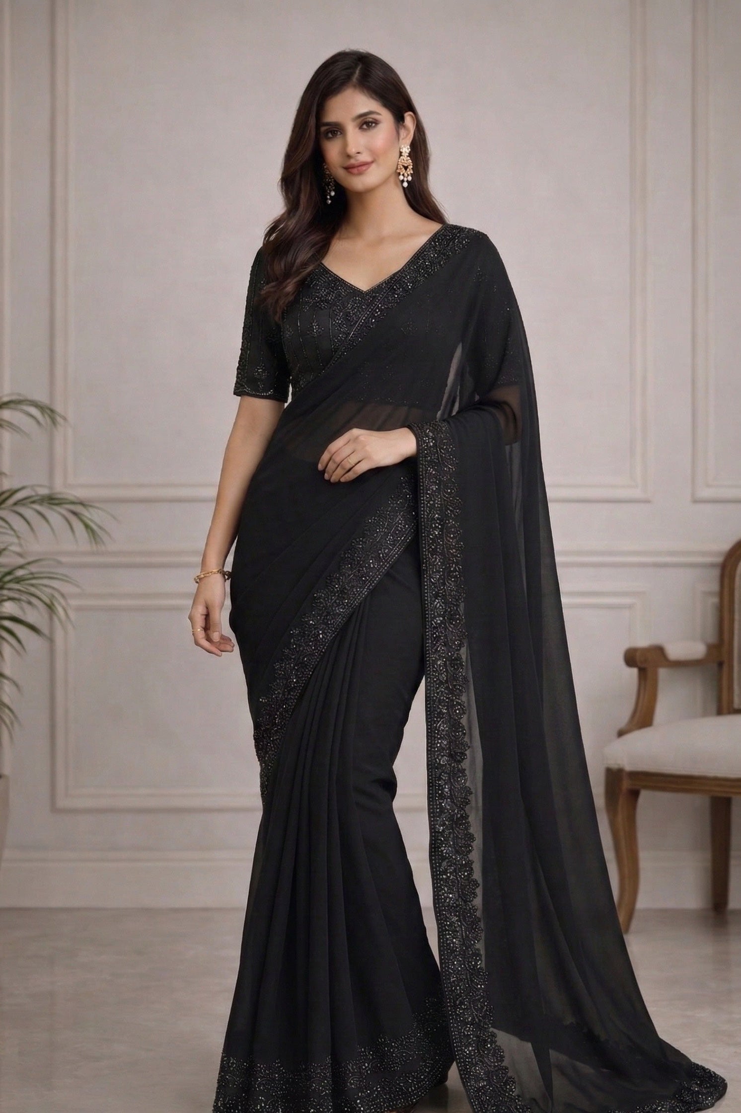 Black Georgette Saree with Hand Beaded Border Suruchi Sarees