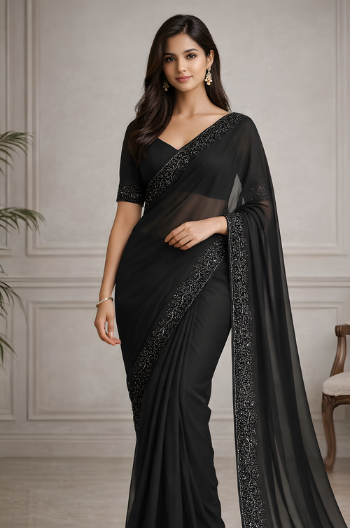 Woman wearing a black saree with silver embroidery in an elegant room.