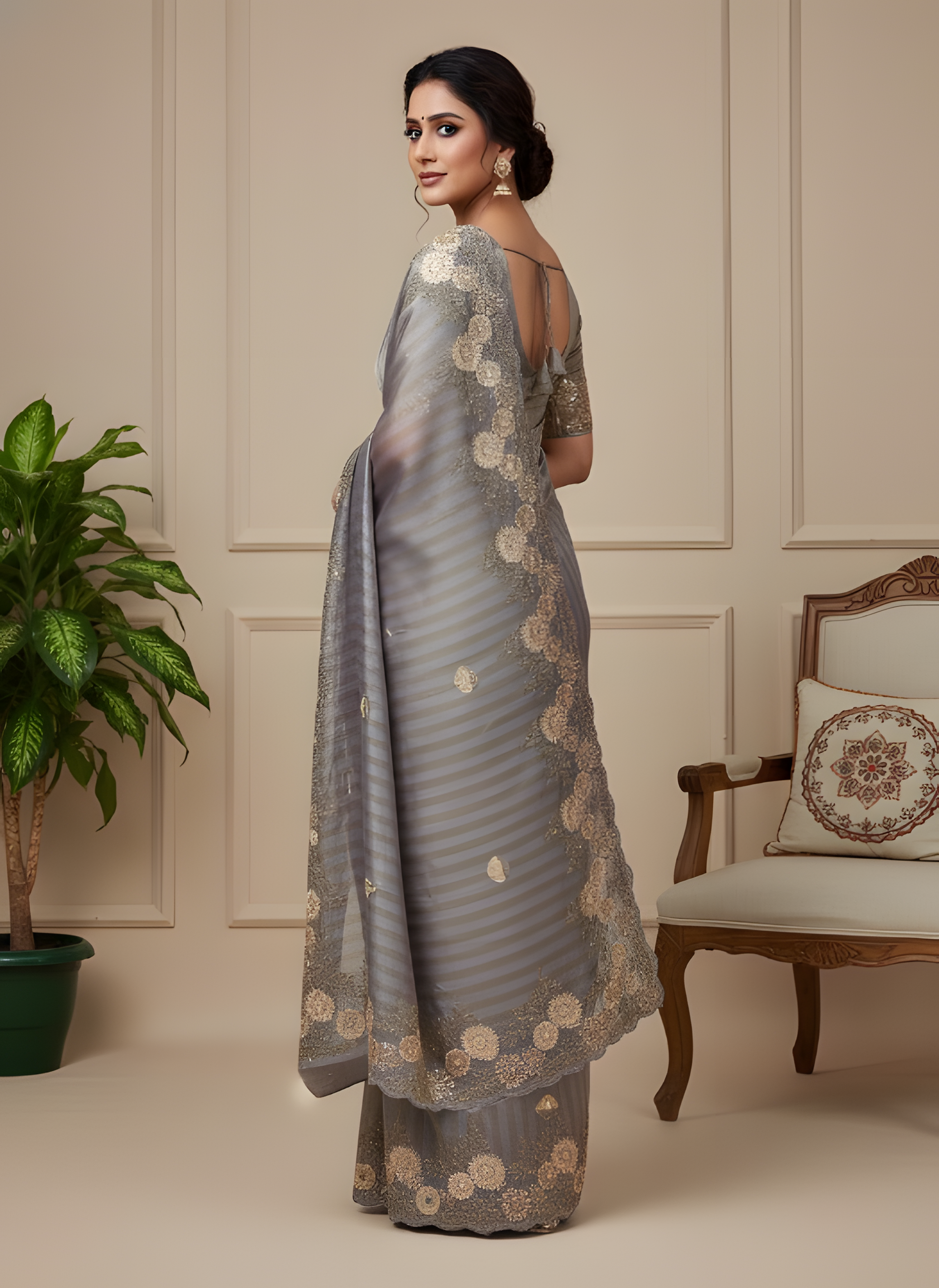 Silver Grey Embroidered Designer Saree with Handwork Border Suruchi Sarees