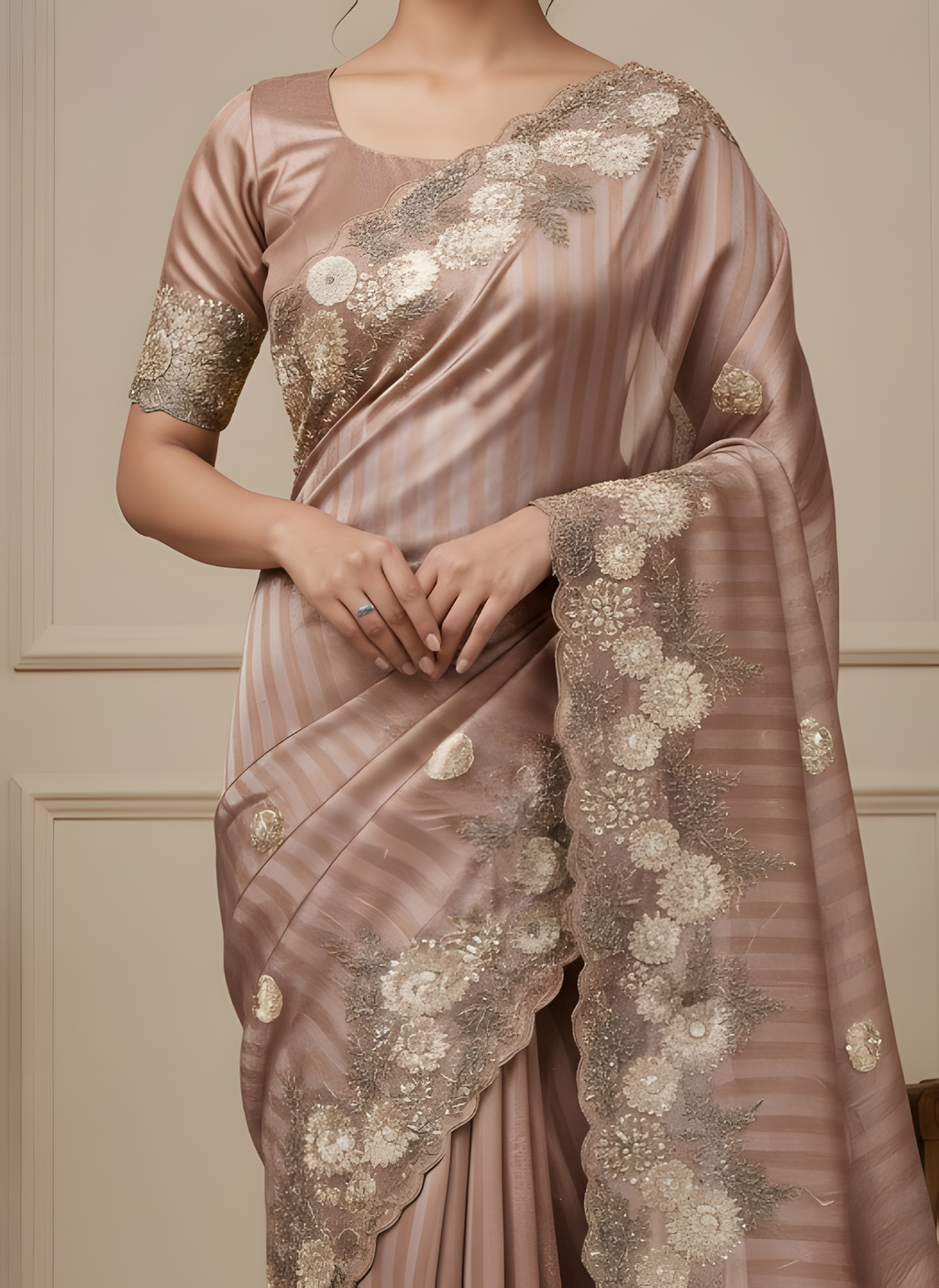 Rose Taupe Embroidered Designer Saree with Handwork Border Suruchi Sarees