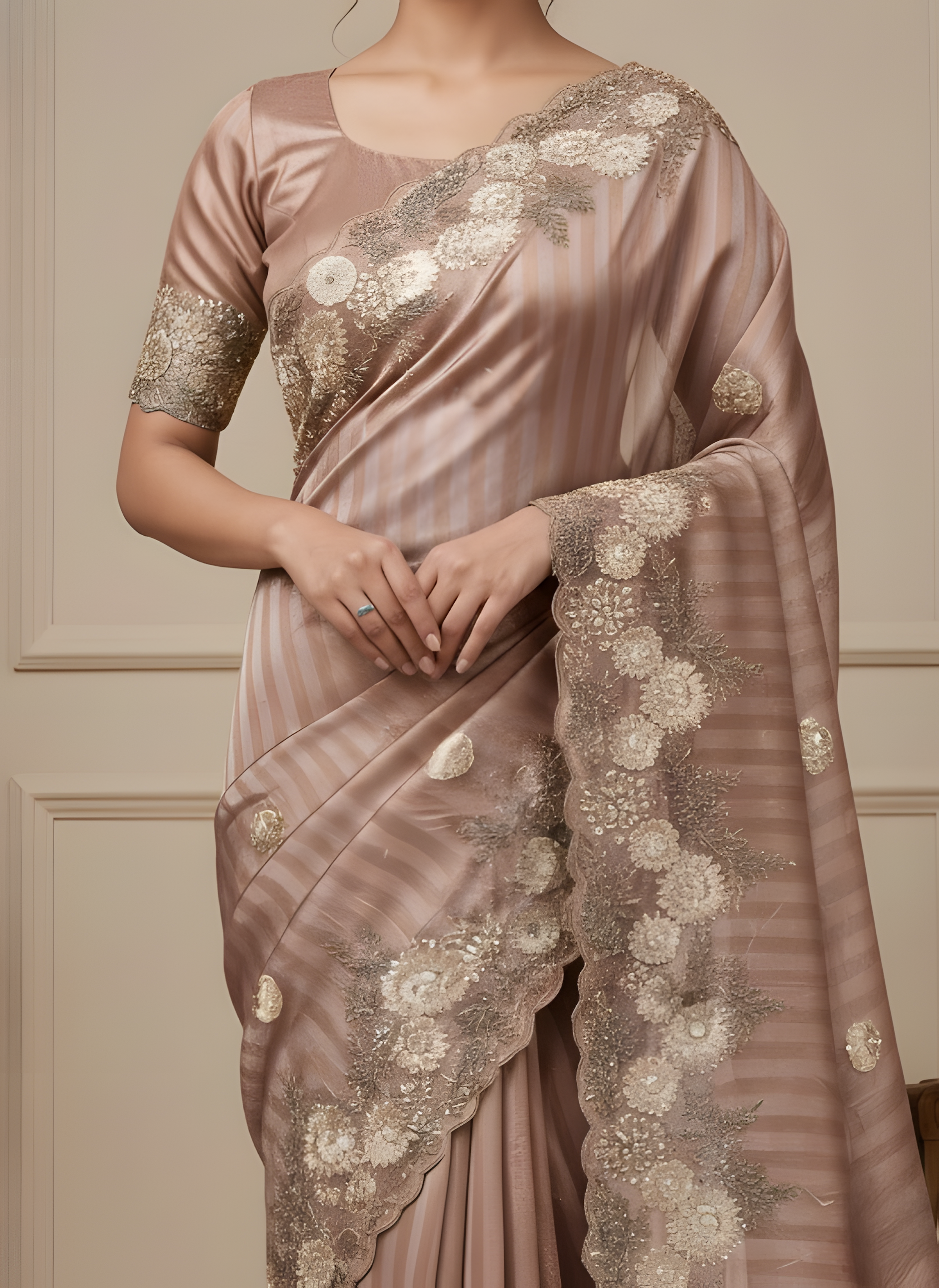 Rose Taupe Embroidered Designer Saree with Handwork Border Suruchi Sarees