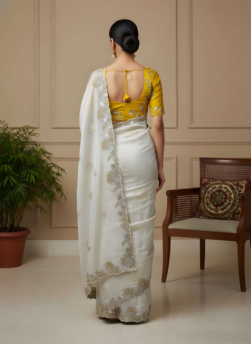 Woman in a white saree with a yellow blouse standing in a room with a chair and plant.