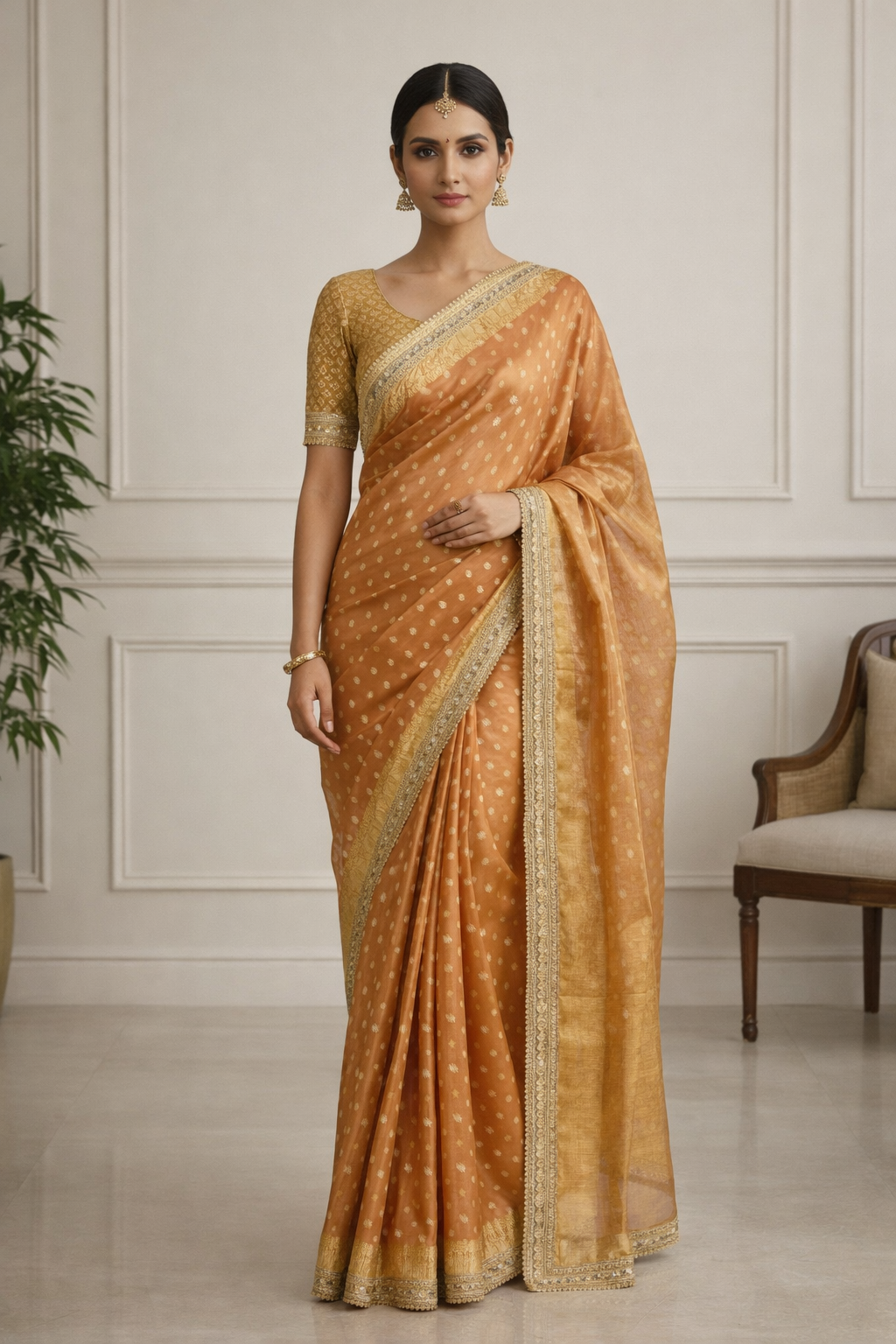 Woman wearing an orange saree with a white background