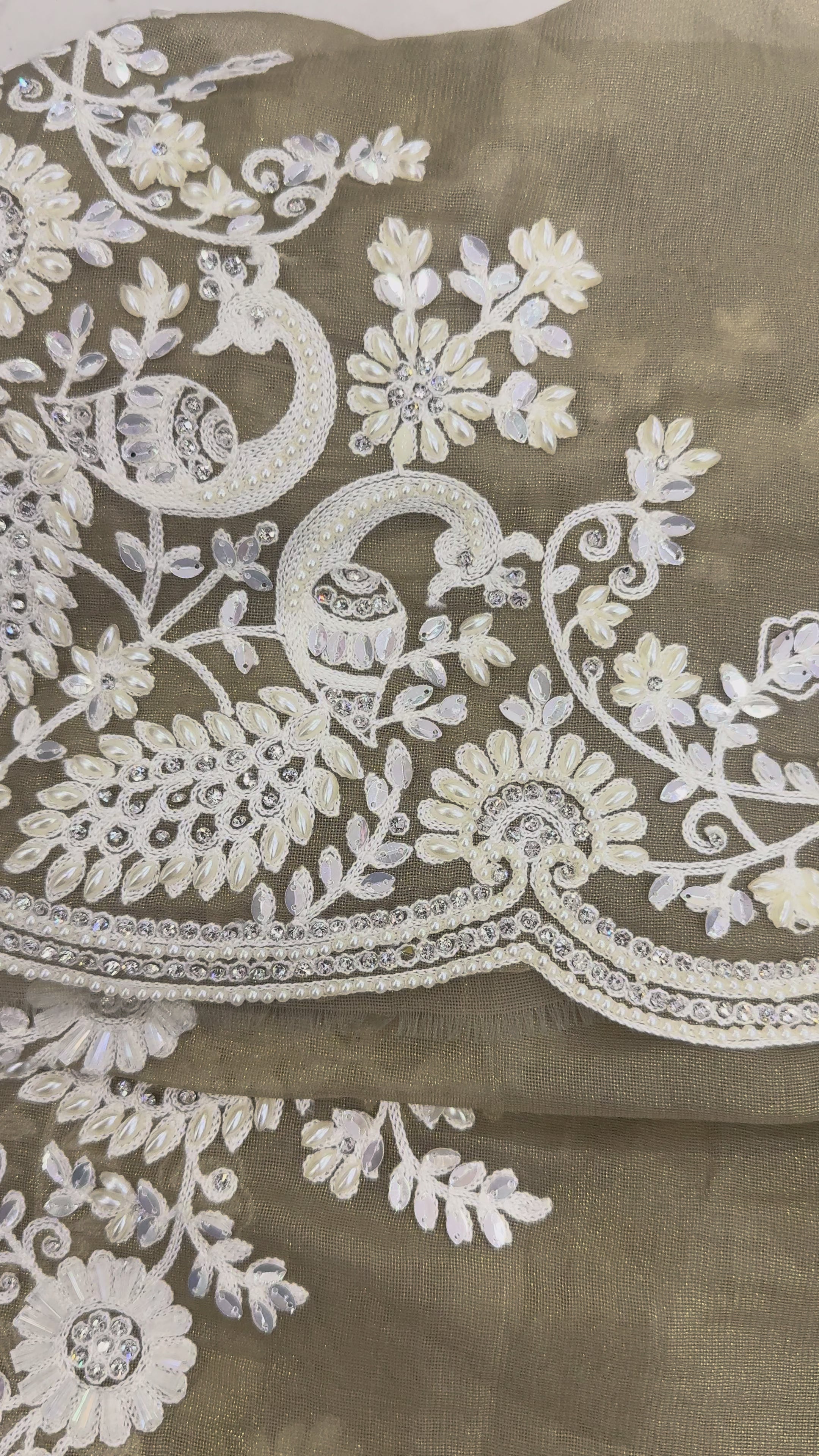 Taupe Gold Organza Saree with White Embroidery Border